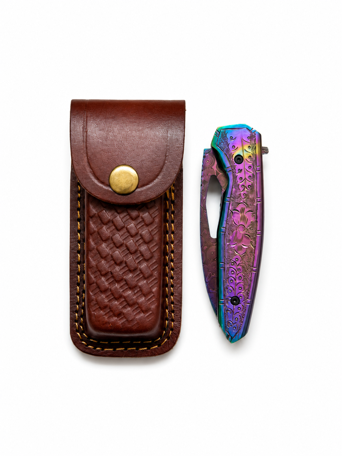 Titan Aurora Damascus Folding Knife With Engraved Rainbow Handle & Leather Sheath TF-108