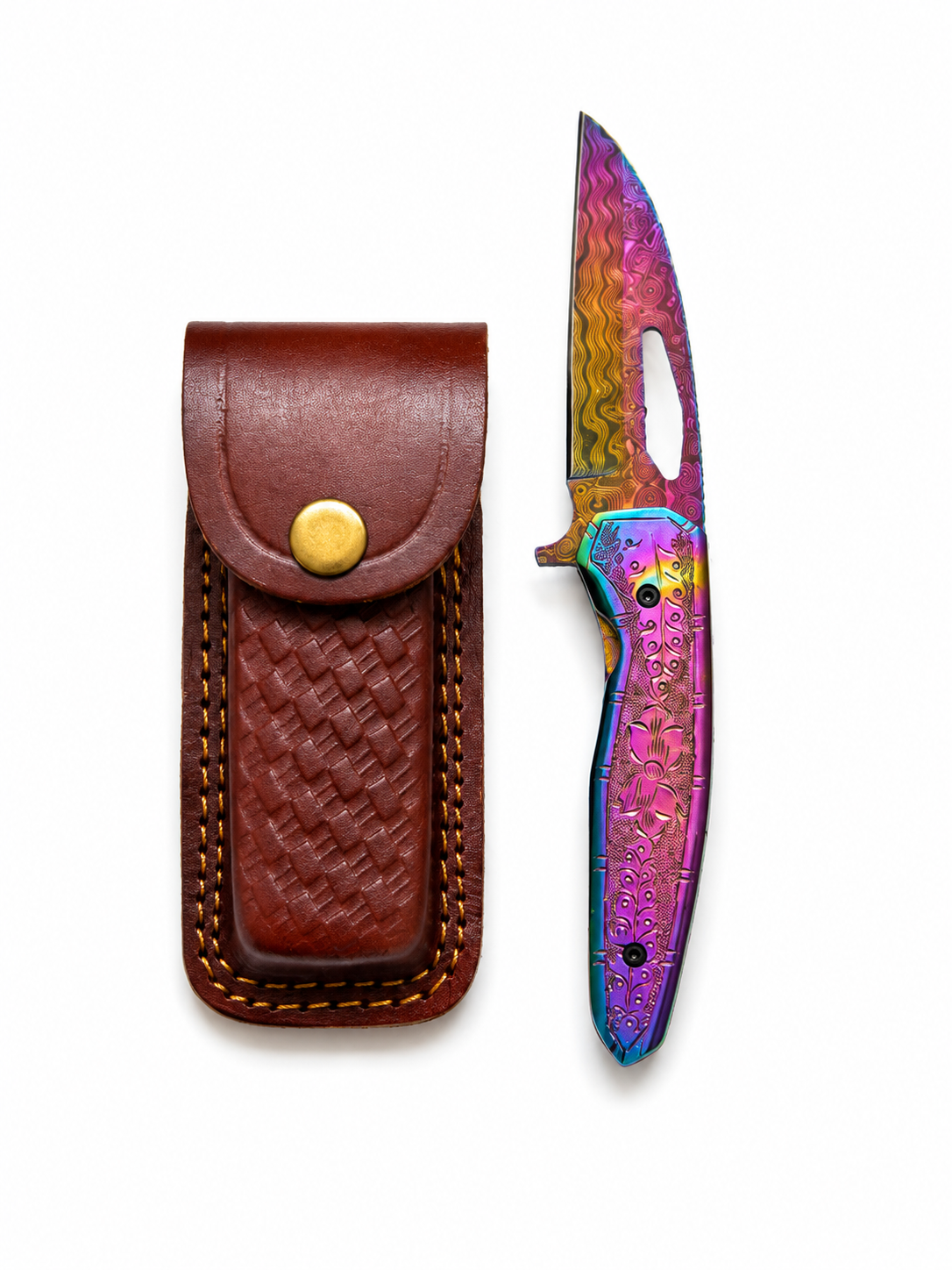 Titan Aurora Damascus Folding Knife With Engraved Rainbow Handle & Leather Sheath TF-108