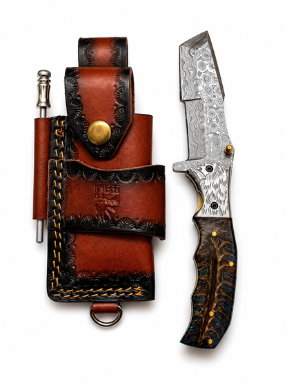 Titan Tactical Tanto Damascus Folding Survival Knife With Leather Sheath TFT-110