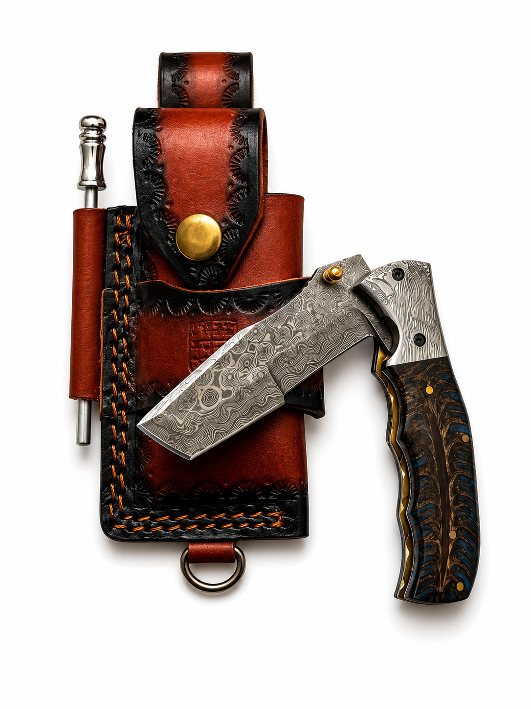Titan Tactical Tanto Damascus Folding Survival Knife With Leather Sheath TFT-110