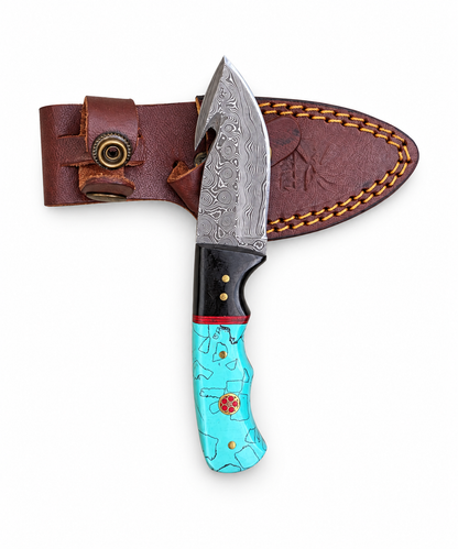 Turquoise Crest Damascus Outdoor Knife With Leather Sheath TK-484