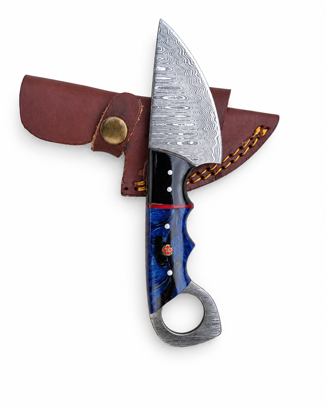 Blue Wave Damascus Utility Knife With Ring Handle & Leather Sheath TKT-39
