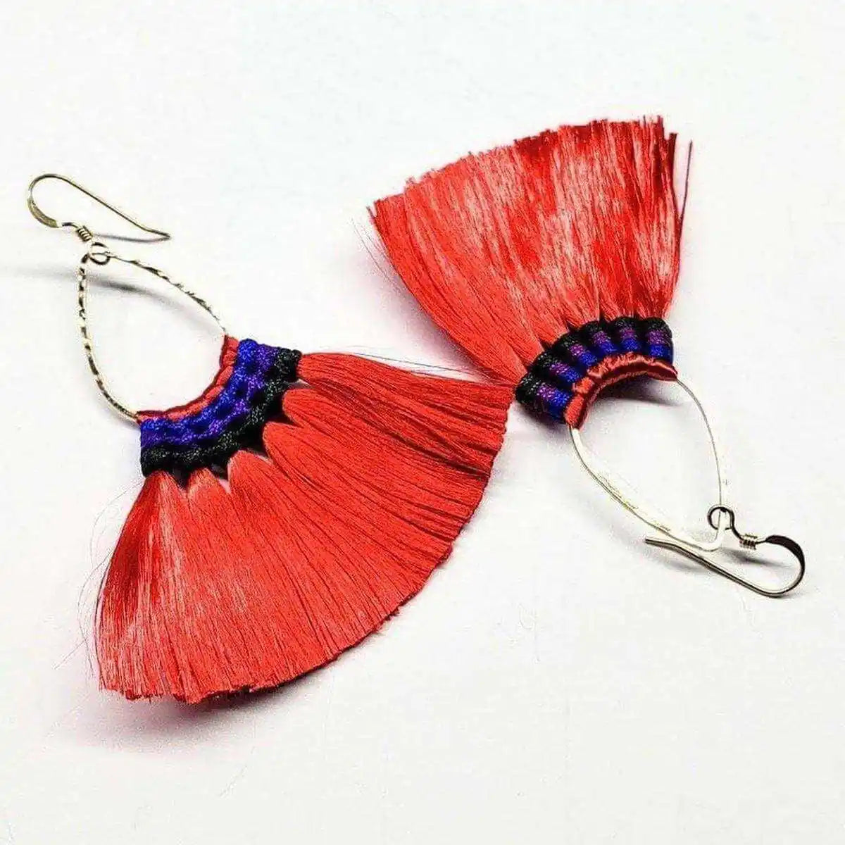 Handmade Hawaii Hula Skirt Rayon Silk Tassel Hoop Earrings