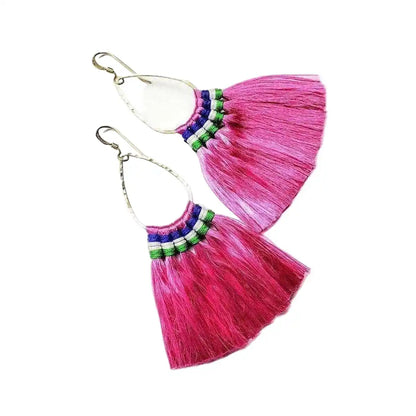 Handmade Hawaii Hula Skirt Rayon Silk Tassel Hoop Earrings