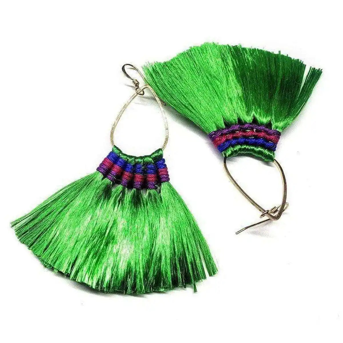 Handmade Hawaii Hula Skirt Rayon Silk Tassel Hoop Earrings