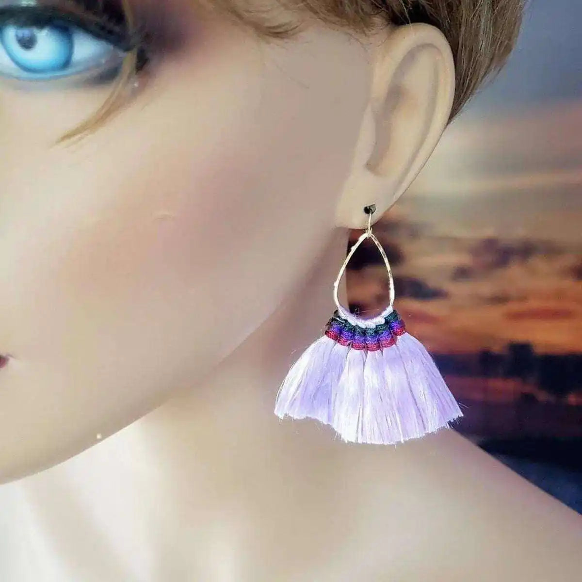 Handmade Hawaii Hula Skirt Rayon Silk Tassel Hoop Earrings