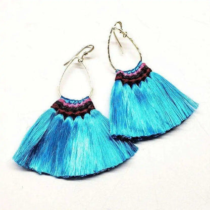 Handmade Hawaii Hula Skirt Rayon Silk Tassel Hoop Earrings