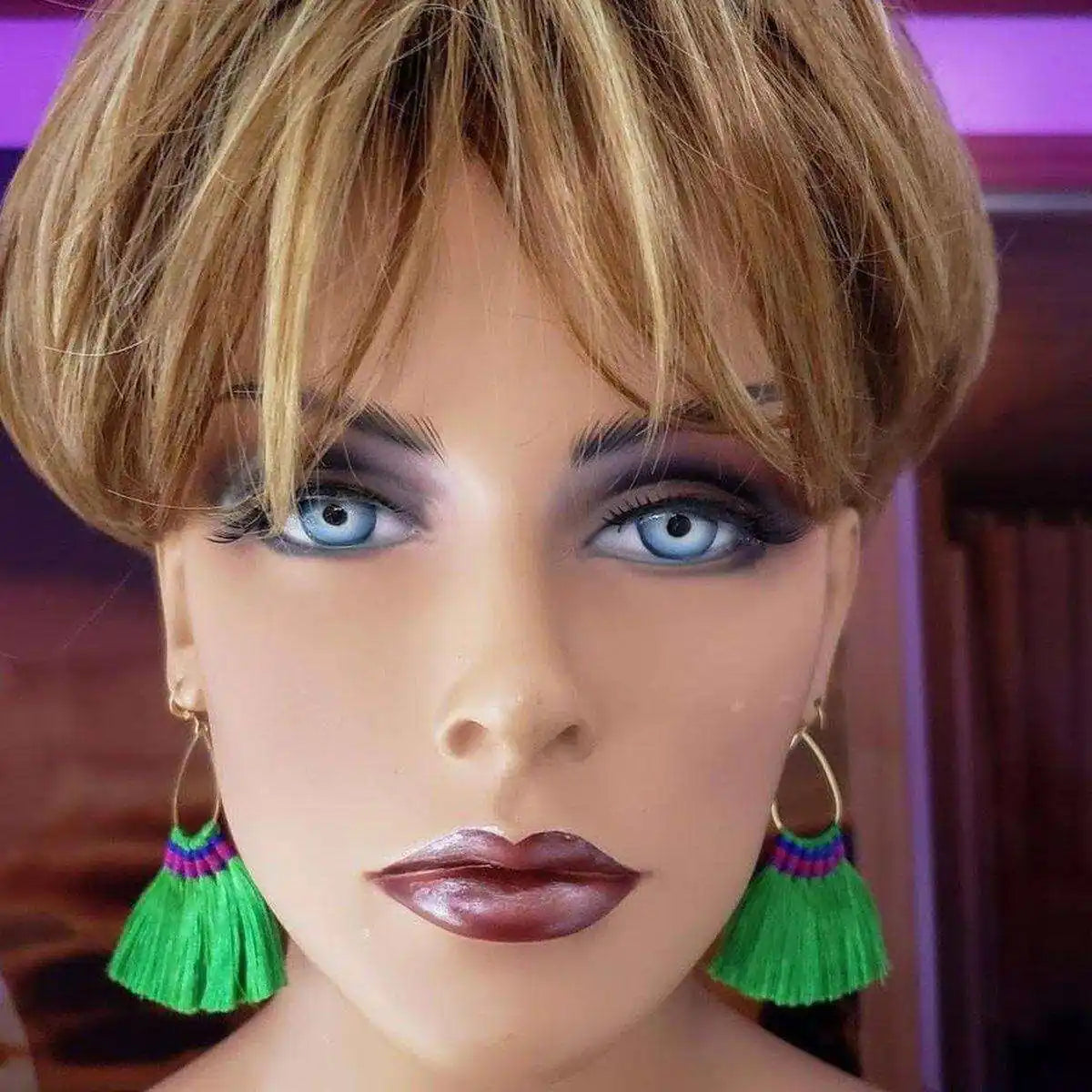 Handmade Hawaii Hula Skirt Rayon Silk Tassel Hoop Earrings