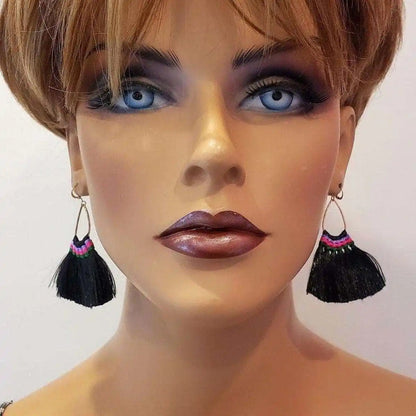 Handmade Hawaii Hula Skirt Rayon Silk Tassel Hoop Earrings
