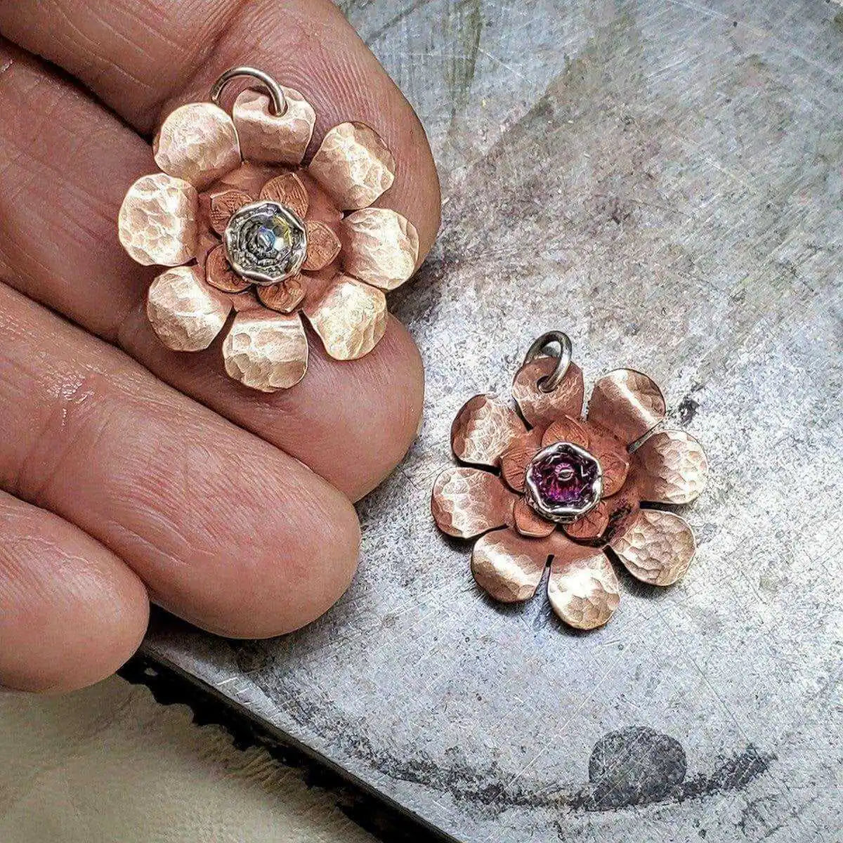 Copper Crystal Flower Blossom Fidget Spinner Necklace