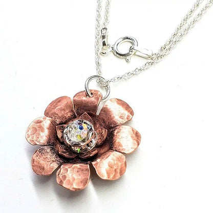 Copper Crystal Flower Blossom Fidget Spinner Necklace