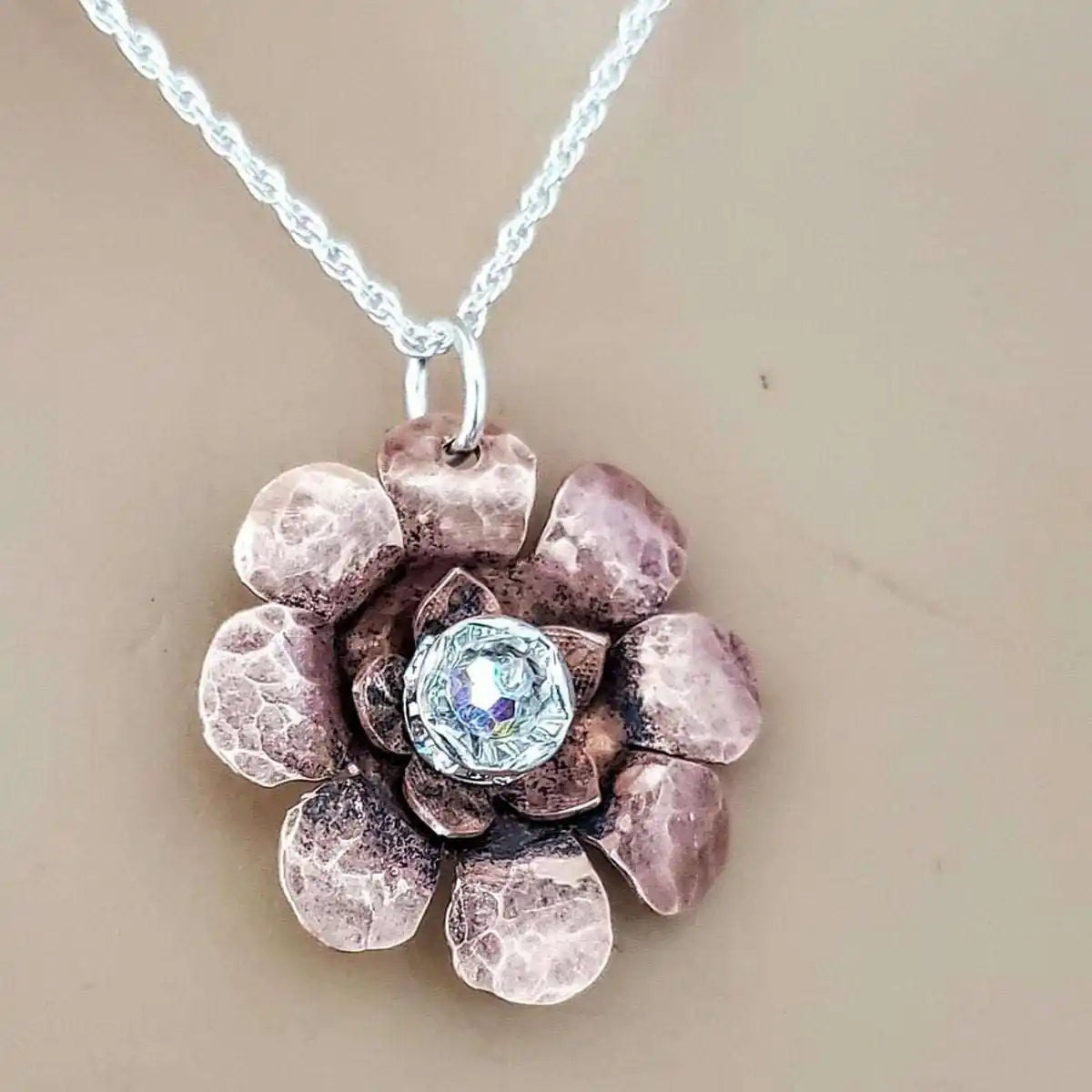 Copper Crystal Flower Blossom Fidget Spinner Necklace