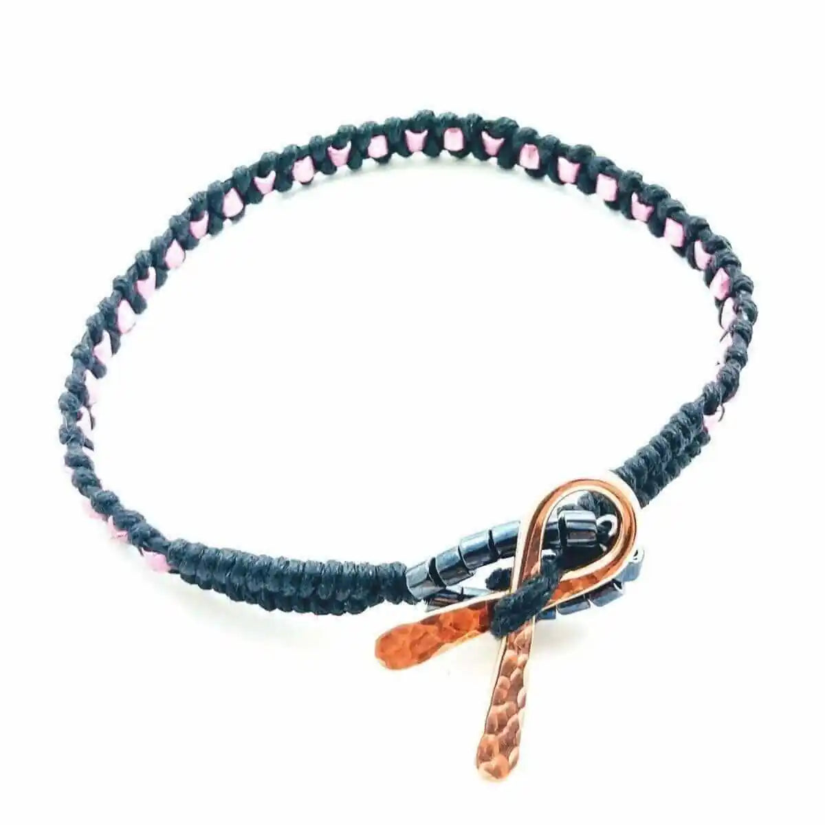 Copper Ribbon Black Pink Braided Breast Cancer Bracelet