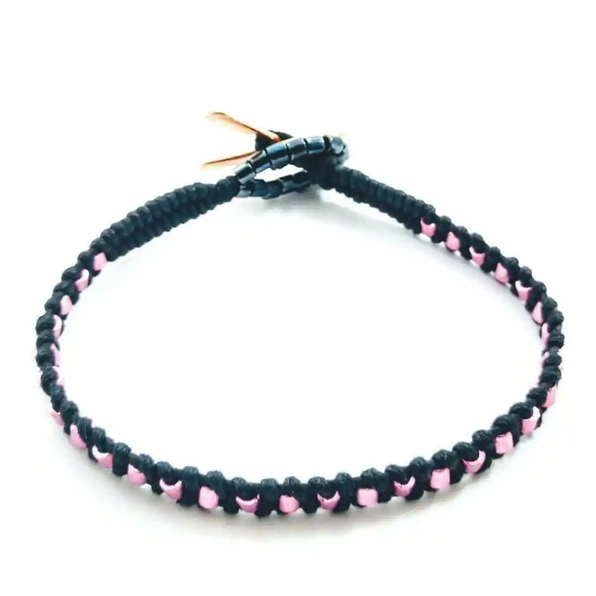Copper Ribbon Black Pink Braided Breast Cancer Bracelet