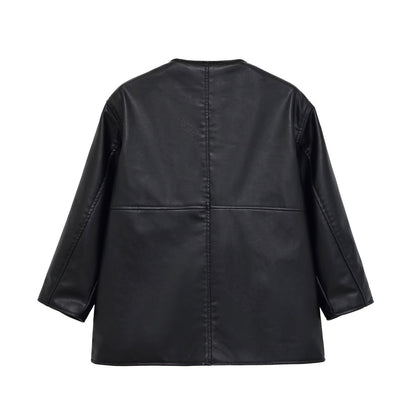 Women's Collarless Faux Leather Open-Front Jacket BYMANYC ® New York CONTEMPORARY VIBRANT MODERN FASHION - New Collection