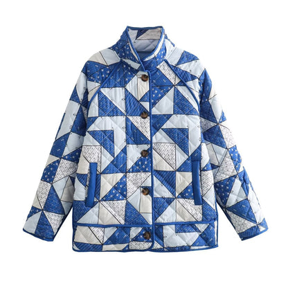 Women's Quilted Jacket Geometric Blue White BYMANYC ® New York CONTEMPORARY VIBRANT MODERN OUTERWEAR - New Collection
