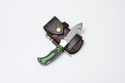 Green Micarta Damascus Gut Hook Hunting Knife TF-103