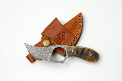 Hand-Forged Damascus Ring Skinner | Natural Ram Horn Handle | Secure Finger-Loop Field Knife TK-472
