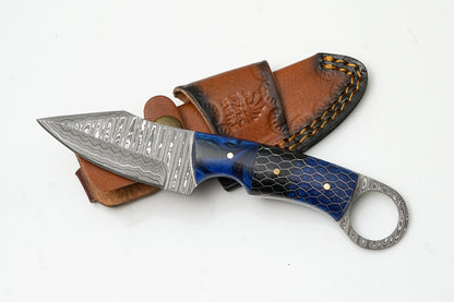 Hand-Forged Damascus Ring Skinner | Custom Blue Honeycomb Handle | Secure Finger-Loop Knife TK-477