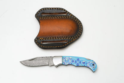 Hand-Forged Damascus Folding Knife | Custom "Blue Mosaic" Art Handle | Horizontal Pancake Sheath TF-083