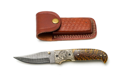 Custom Damascus Steel Clip Point Folding Knife | HAND Engraved Eagle Bolster & Amber Pine Cone Handle TK-484