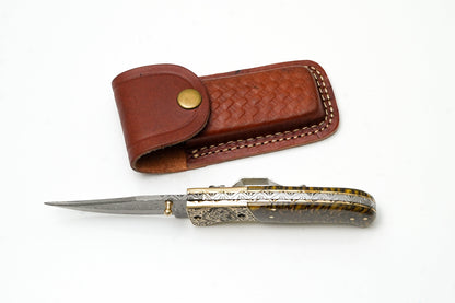 Custom Damascus Steel Clip Point Folding Knife | HAND Engraved Eagle Bolster & Amber Pine Cone Handle TK-484