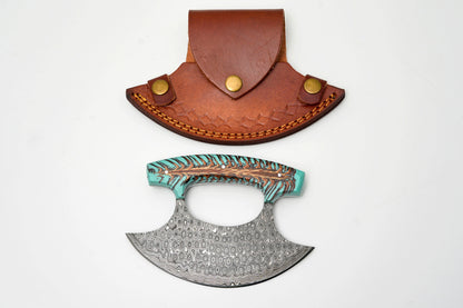 Damascus Steel Ulu Knife | Teal Pine Cone Handle | Crescent Blade Skinner & Cutter TK-487