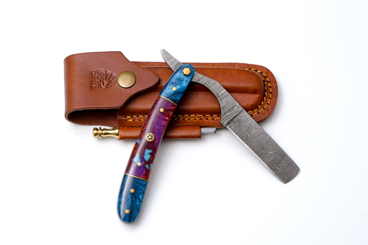 Damascus Straight Razor With Blue & Purple Resin Handle TK-437