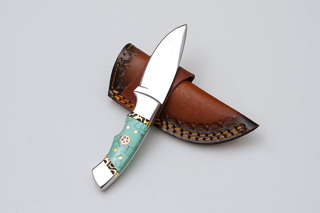 Custom Stainless Steel Knife With Turquoise Mosaic Handle & Leather Sheath - TS-06
