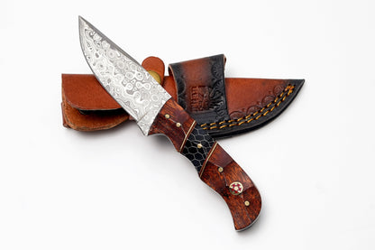 Custom Damascus Steel Drop Point Hunter | Rosewood & Black Honeycomb Handle | Scout Carry Sheath TK-488
