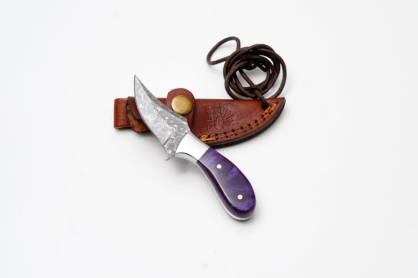 Custom Damascus Steel Mini Skinner | Purple Pearl Resin Handle | Compact Neck Knife TK-498