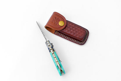 Damascus Steel Pocket Knife Limited Run Turquoise Resin TF-059
