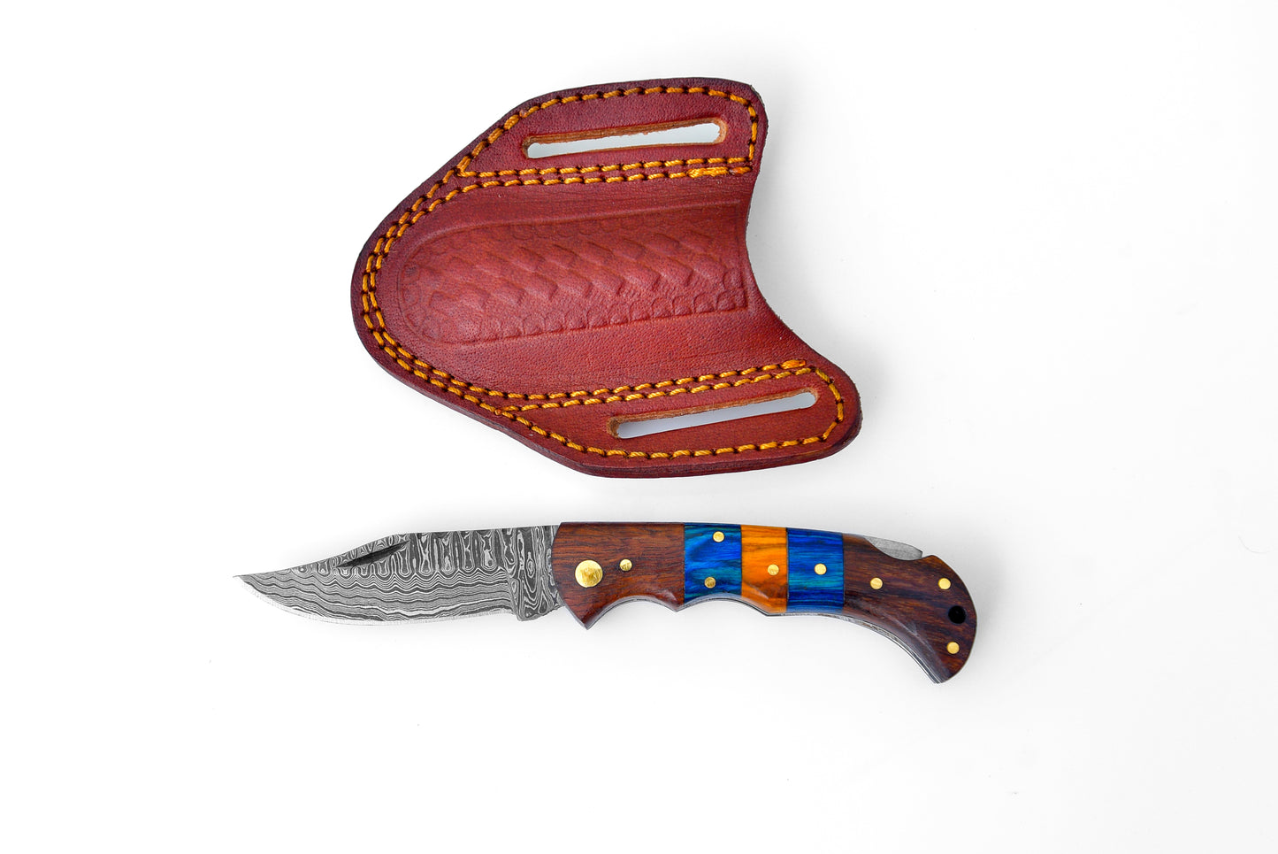 Damascus Steel Pocket Knife Limited Run Black Diamond Wood TF-058