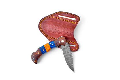 Damascus Steel Pocket Knife Limited Run Black Diamond Wood TF-058