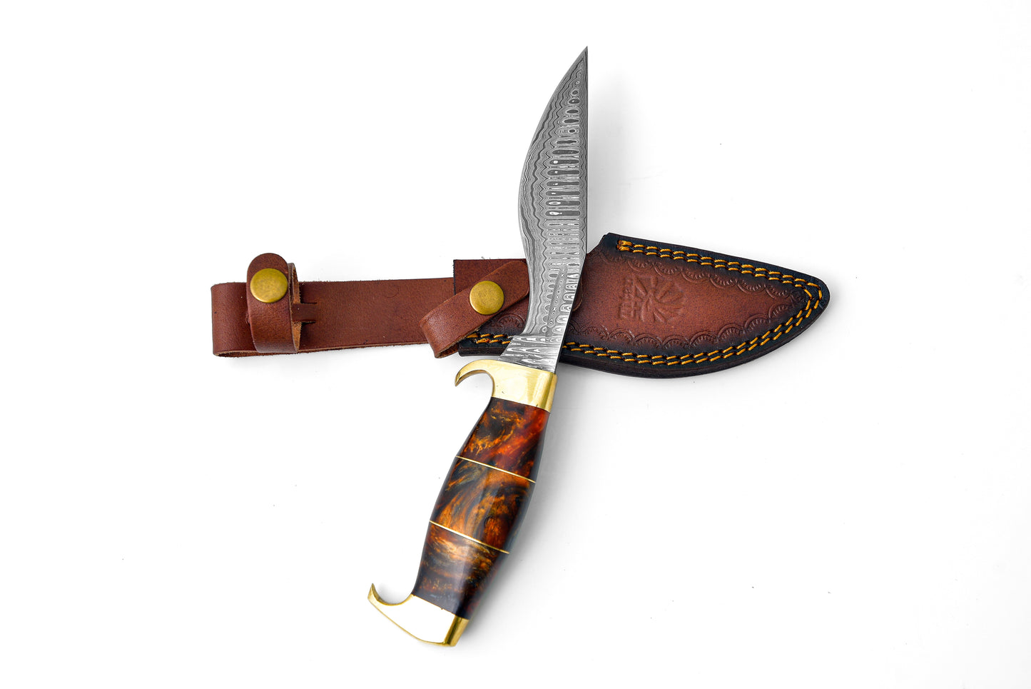 Damascus Steel 'Galaxy' Outdoor Chopping Tool | Orange Resin & Brass Handle TK-206