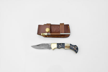 Damascus Steel Pocket Knife Limited Run Black Diamond Wood and Stag Horn TF-052