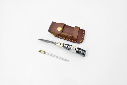 Damascus Steel Pocket Knife Limited Run Black Diamond Wood and Stag Horn TF-052