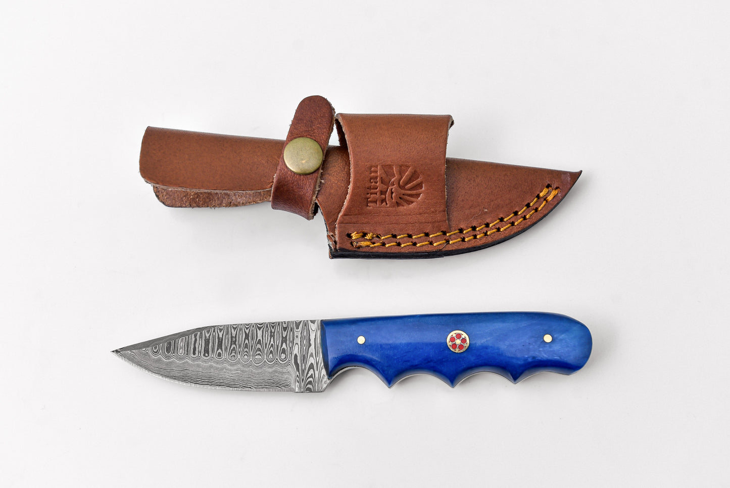 4'' Drop Point Damascus Knife Handmade by Titan International Dyed Bone Handle TD-111