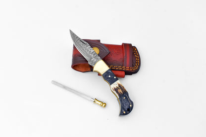 Damascus Steel Pocket Knife Limited Run Black Diamond Wood and Stag Horn TF-052