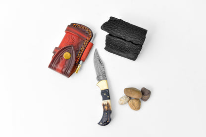 Damascus Steel Pocket Knife Limited Run Black Diamond Wood and Stag Horn TF-052