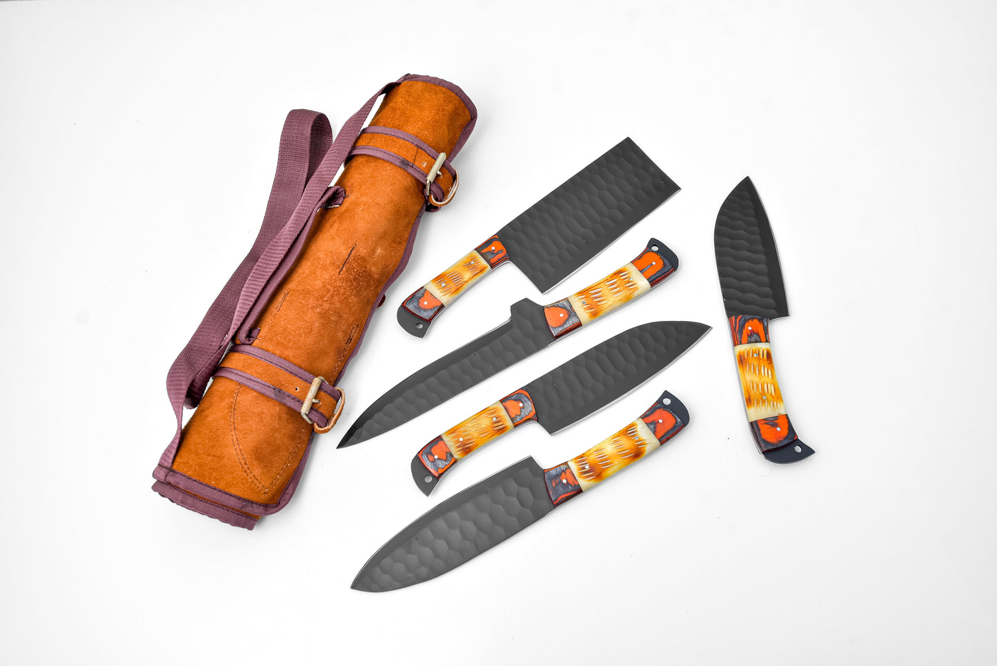 5-Piece  Knife Set / With Leather Carry Bag Burnt Bone - TK-089 X