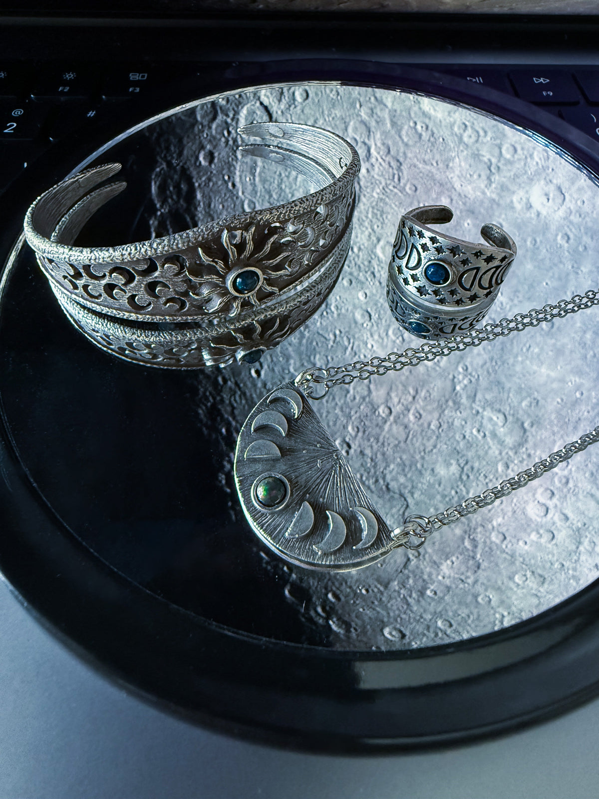 Eclipse Jewelry Set With Moon Phases and Black Opal