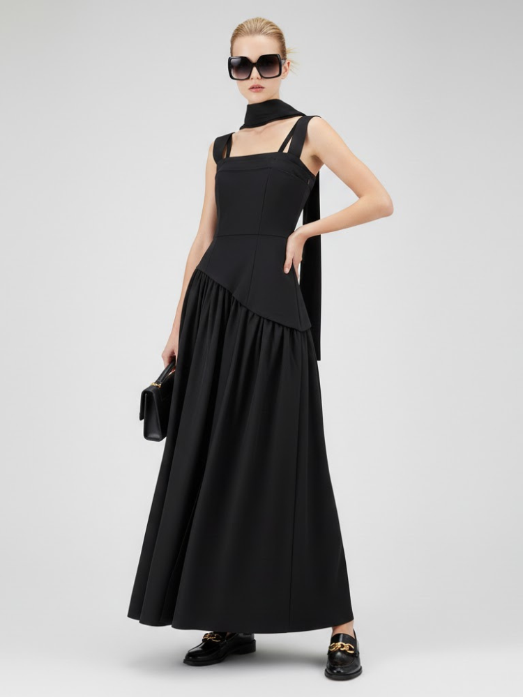 Elegant Black Maxi Dress With Multi-Strap Design and Asymmetrical Skirt • BYMANYC ® New York