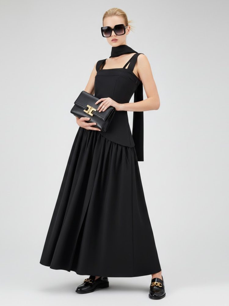 Elegant Black Maxi Dress With Multi-Strap Design and Asymmetrical Skirt • BYMANYC ® New York