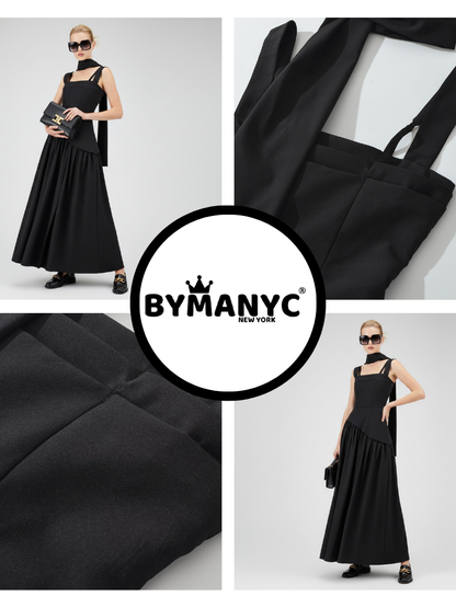 Elegant Black Maxi Dress With Multi-Strap Design and Asymmetrical Skirt • BYMANYC ® New York