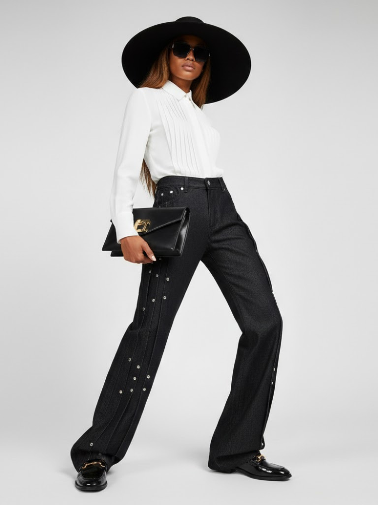 Elegant Wide-Leg Denim Trousers With Paneling and Stud Details • BYMANYC ® New York