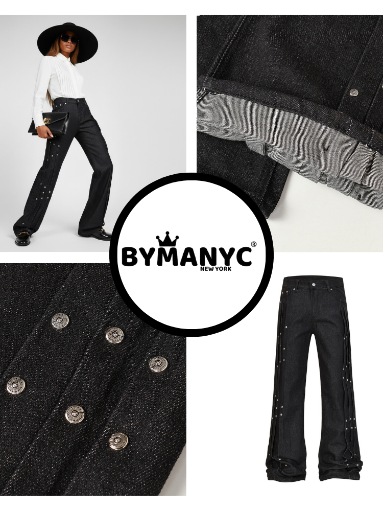 Elegant Wide-Leg Denim Trousers With Paneling and Stud Details • BYMANYC ® New York