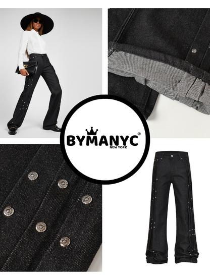 Elegant Wide-Leg Denim Trousers With Paneling and Stud Details • BYMANYC ® New York