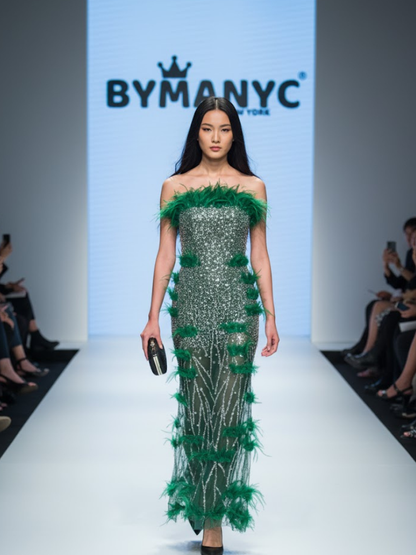 Emerald Sequin and Feather Gala Dress the BRONX ZOO: Prêt-À-Porter Line BYMANYC ® New York
