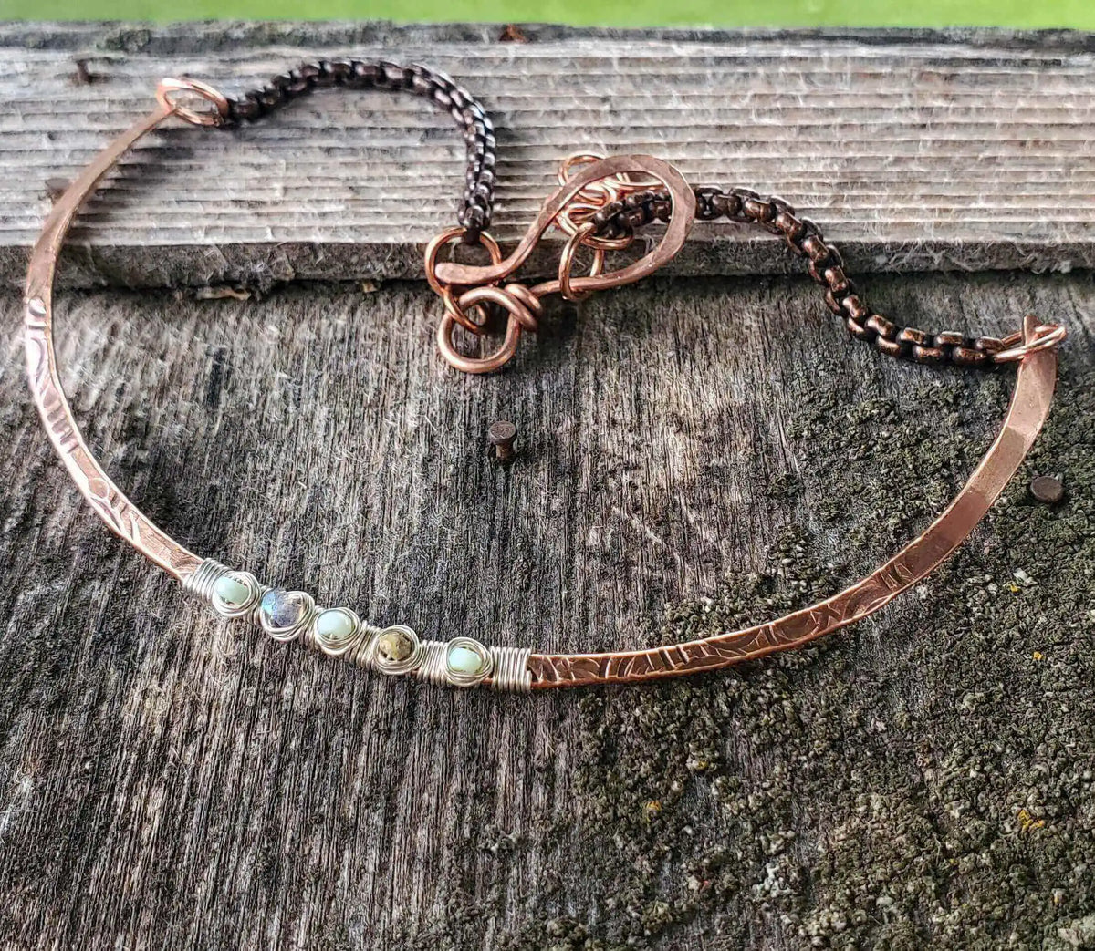 Ergonomic Copper Sculpted Embossed Wire Gemstone Choker